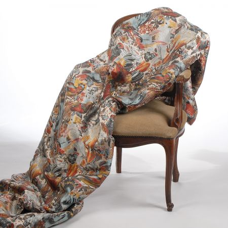 Žakárová dekorační látka Art deco Ptáčci lomená bílá