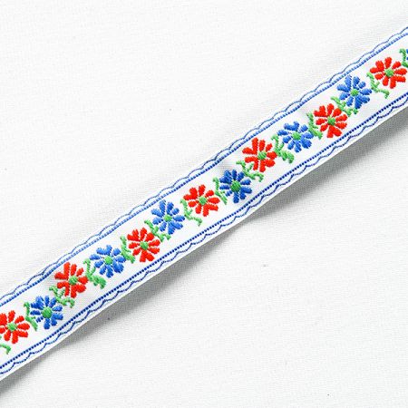 Folklórní stuha s květinovým vzorem bílomodrá