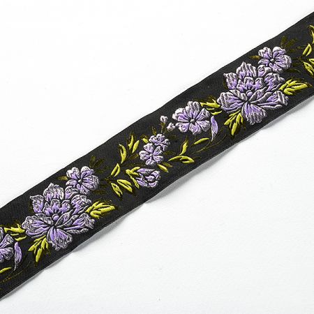 Stuha vyšívaná kvety čierna / fialová