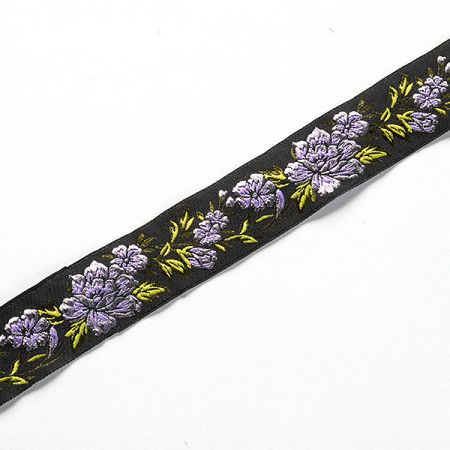 Stuha vyšívaná kvety čierna / fialová
