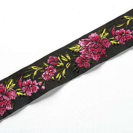 Stuha vyšívaná kvety čierna / ružová široká