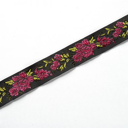 Stuha vyšívaná kvety čierna / ružová úzka