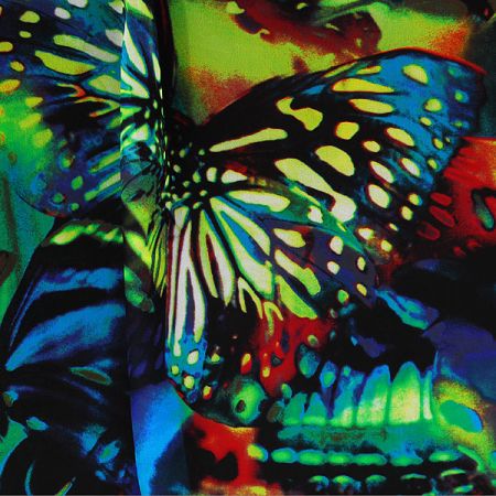 Šifón vzor pestrých motýlů  zelený podklad