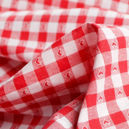 Bavlněná látka vzor kanafas/srdíčka červenobílá