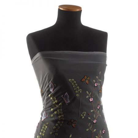 Krajka výšivka na tylu louka/motýlci šedý tyl