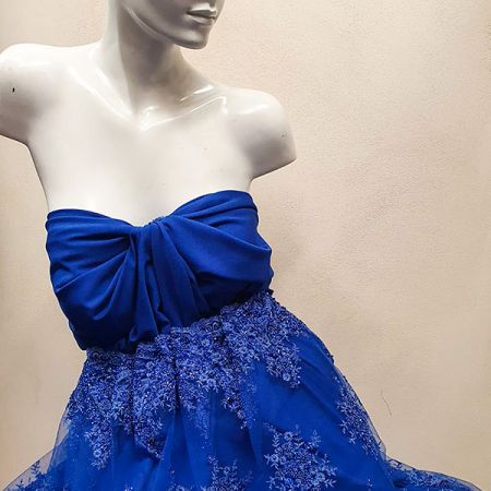 Krajka výšivka na tylu s korálky rokajlem modrá/stříbrná