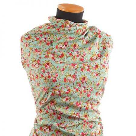 Viskozová letní látka kytičkový motiv tyrkysová