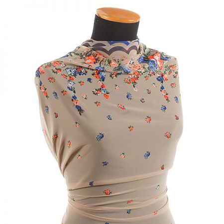 Šifon vzor květy/vlnky šedobéžový