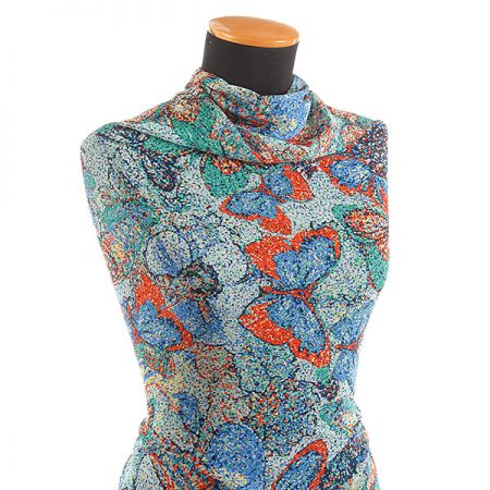 Šifon jemný vzor motýlci mozaika modrý