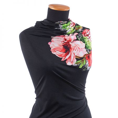 Úplet kupón digitální tisk velké květy červený/černý