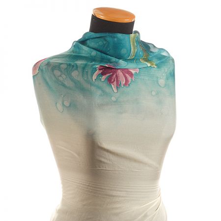 Jemný šifon bordura akvarel květy tyrkysový