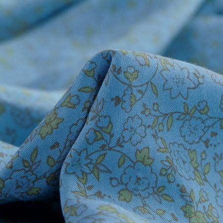 Viskozová letní látka kytičkový motiv šedomodrá/žlutá