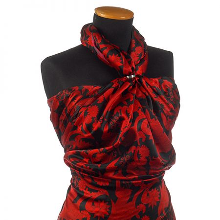 Hedvábný satén květinový motiv červená/černá