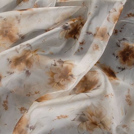 Organza tisk květů hnědá/smetanová