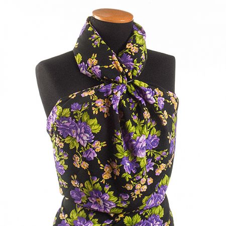 Krepdešín letní látka květinový vzor černá/fialová