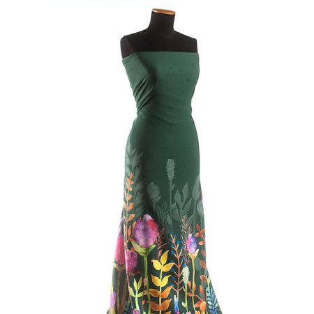 Žoržet šatový pružný bordura květy tm.zelený