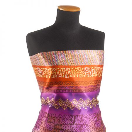 Satén nepružný motiv ornament fialovožlutý