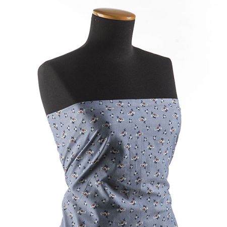 Bavlněná košilová látka drobné kytičky jeans