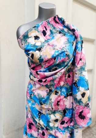 Viskozová šatová látka motiv květů modrá