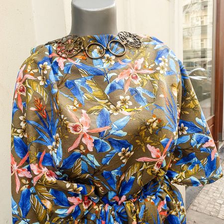 Letní šatová látka viskoza len tropické květy oliva