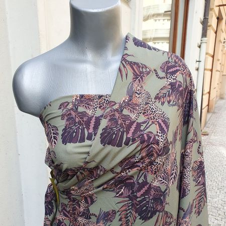 Krepdešín imitace hedvábí vzor listy/ocelot