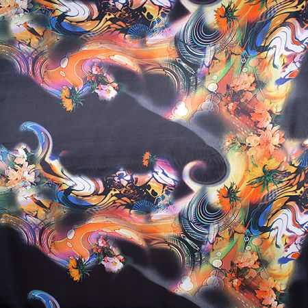 Satén motiv květů v zářivých barvách tm. modrá