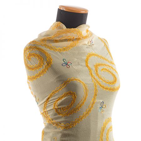 Krep šifon výšivka velká spirála žlutá  III.jakost