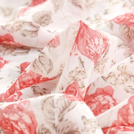 Jemný pružný šifon vzor růže na bílém