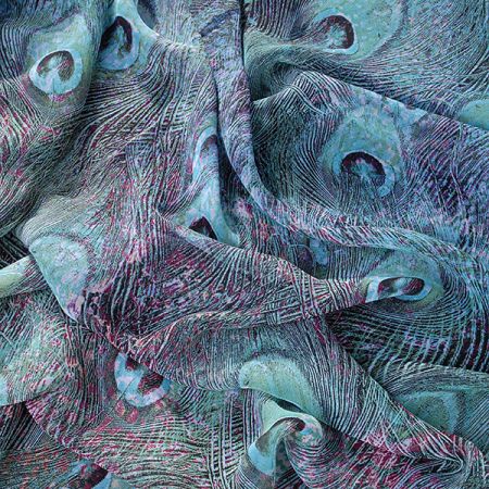 Šifon vzor paví pera digitální tisk tyrkysová