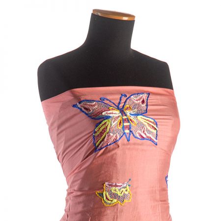 Hedvábné ponge výšivka motýlci  růžovolososová