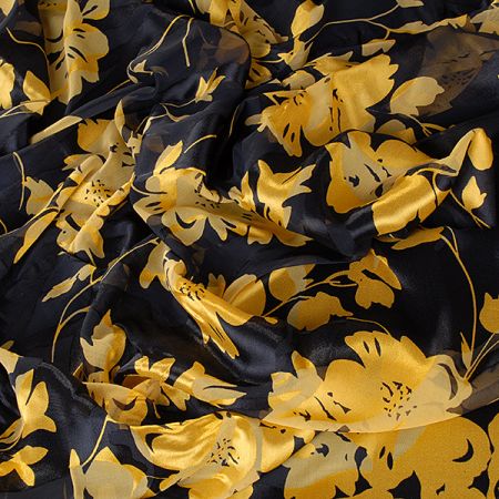 Hedvábný šifon květinový motiv žlutá/černá