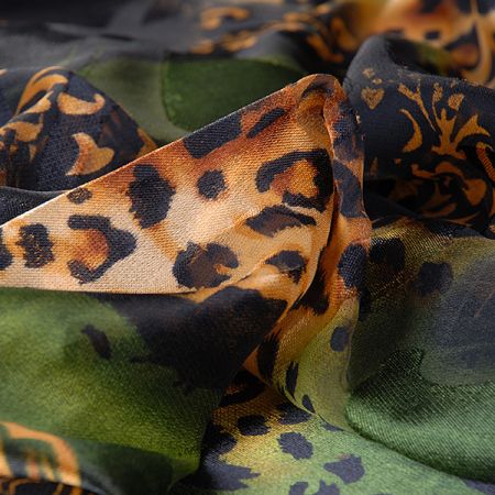 Hedvábný šifon zvířecí/květinový motiv zelenozlatý