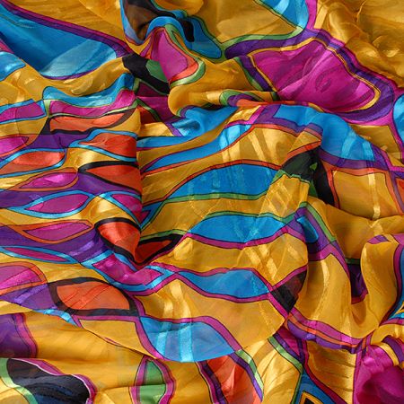 Hedvábný šifon abstraktní motiv žlutý