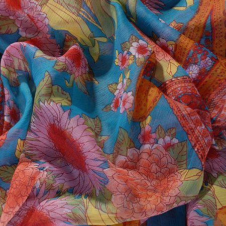 Plisovaný šifon kašmírový vzor/květy modrý