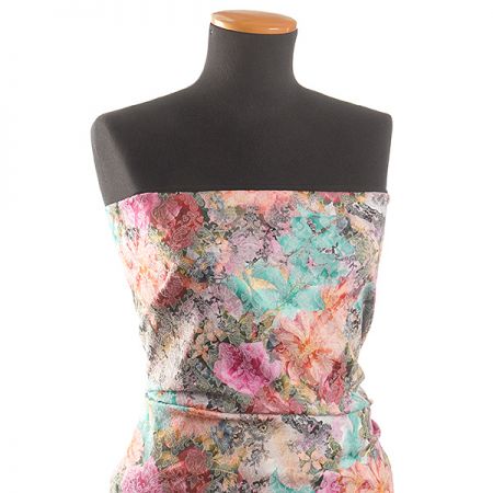 Žakárová pružná látka ornamenty květinový tisk