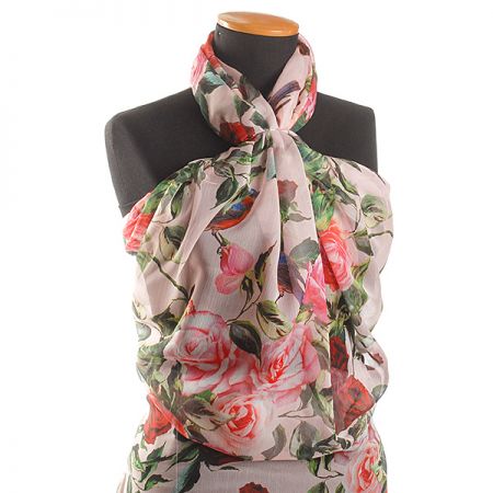 Šifon plise vzor růží/ptáčků růžový