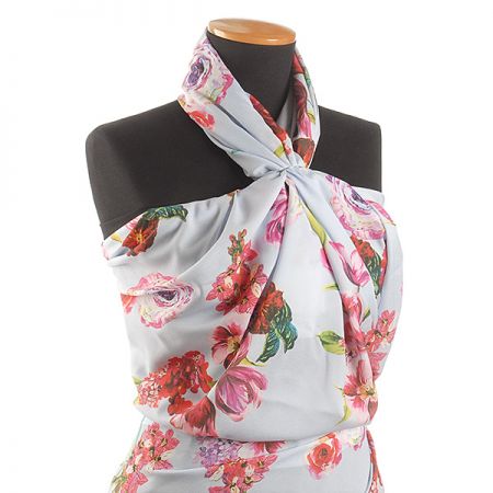 Krepdešín tisk květy tulipánů sv. modrý