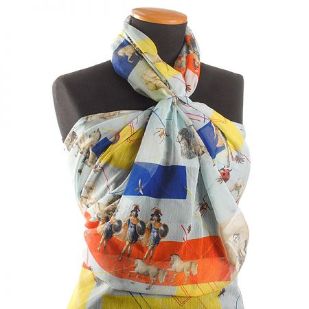 Šifon plisé avangardní motiv modrý