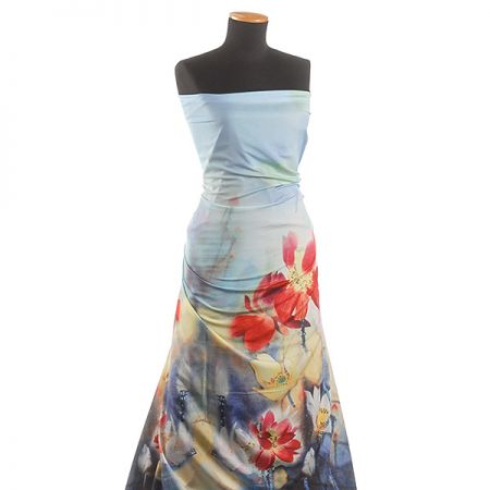 Krepdešín tisk motiv velkých květů modrý/zelený