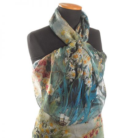 Šifon vzor narcisu/orchideje zelená/modrá