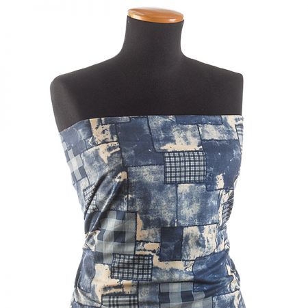 Bavlna pružná tisk riflový patchwork