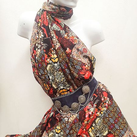 Viskozová šatová látka patchwork červenohnědý