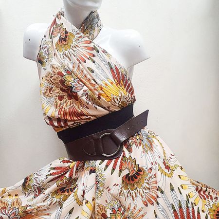 Viskozová šatová látka listová mozaika hnědá