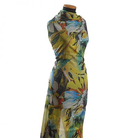 Bavlněný etamín květy žlutá/zelená