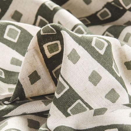 Lněná látka tisk motiv proužky/kostky zelená