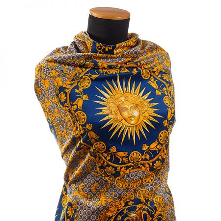 Exkluzivní bavlněný samet motiv slunce/amfora modrá