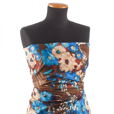 Látka na šaty polyester květiny hnědá