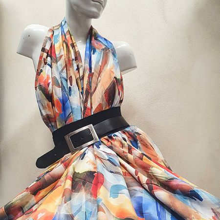 Viskozová šatová látka tisk abstrakt modrooranžová