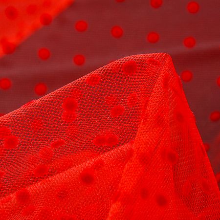 Tyl šatový sametový flock puntík červený