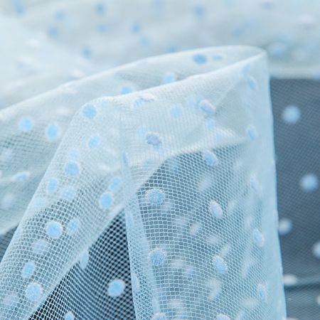 Tyl šatový sametový flock puntík světle modrý